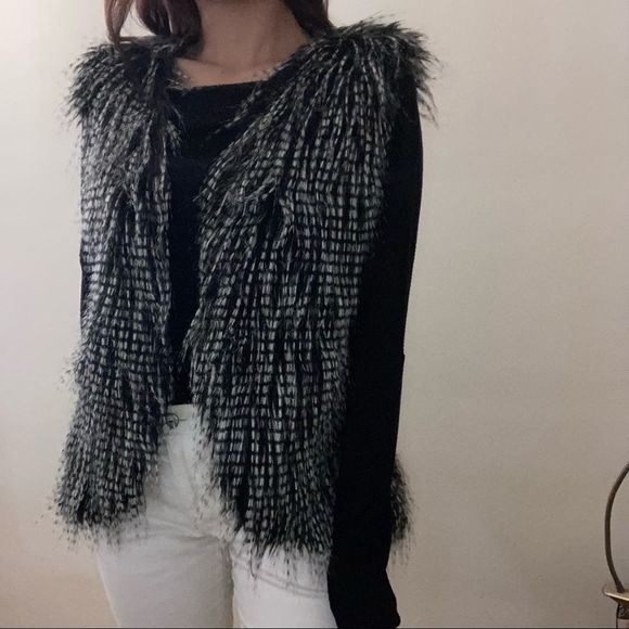 Jackets & Blazers - Black and White Patterned Fur Vest